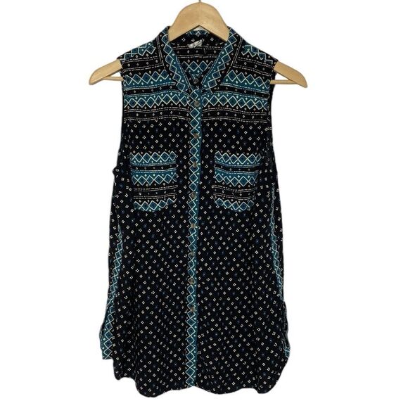 ANTHROPOLOGIE Sleeveless Tunic Button Down Aztec Southwestern Blouse - Picture 3 of 11